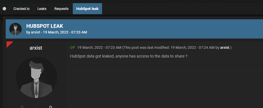 A threat actor is looking to gain access to the leaked data from the latest Hubspot breach in a post from Cracked.io on the same day the breach was reported