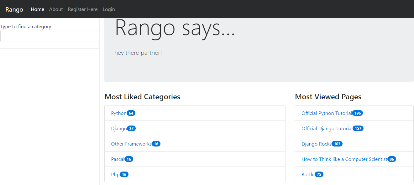 rango application tango with django home screen