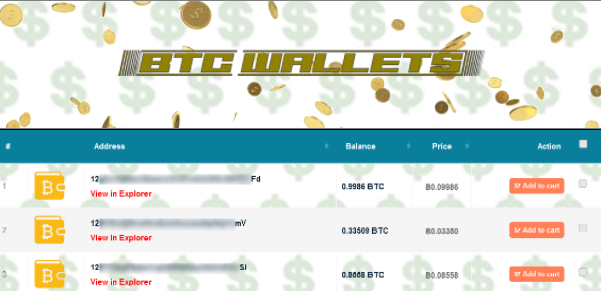 BTC WALLETS, a dark web marketplace for stolen Bitcoin cryptocurrency wallets.