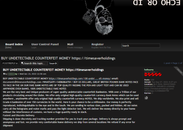 Counterfeit money sold on dark web forum ECHO OR ID.