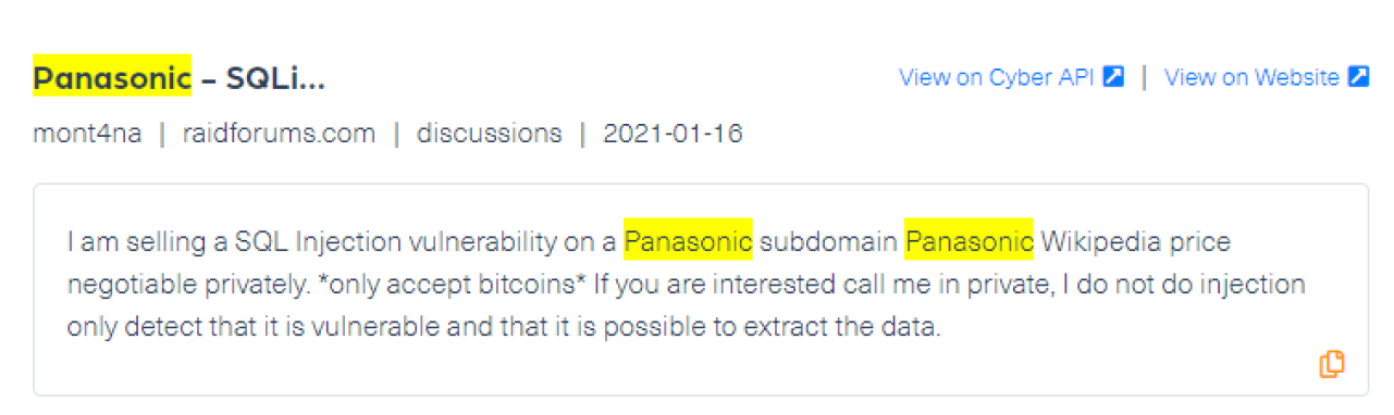 The post we found on Raidforums showing that Panasonic vulnerabilities were traded on the dark web.