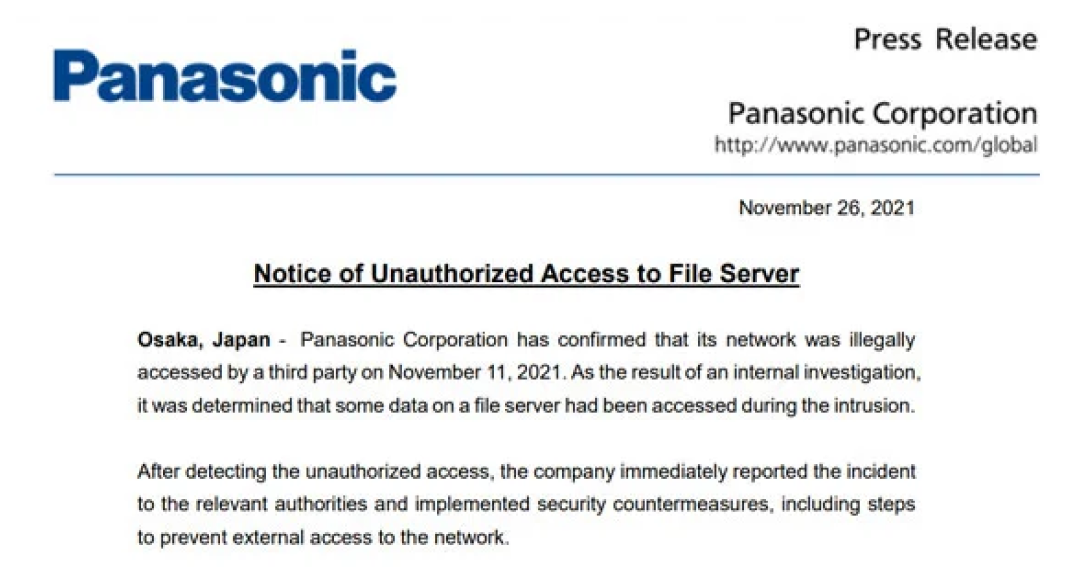 Panasonic's press release confirming their network was breached.