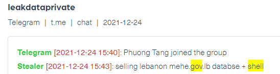 Telegram messages from Webz.io’s Cyber API showing Lebanese government database for sale