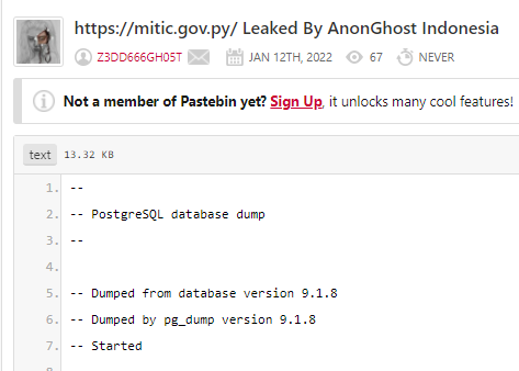 A leak of data belonging to the Paraguayan Government on Pastebin