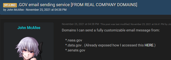 A post on Raidforums offering access to emails from domains belonging to NASA as well as to the U.S. Government and Senate