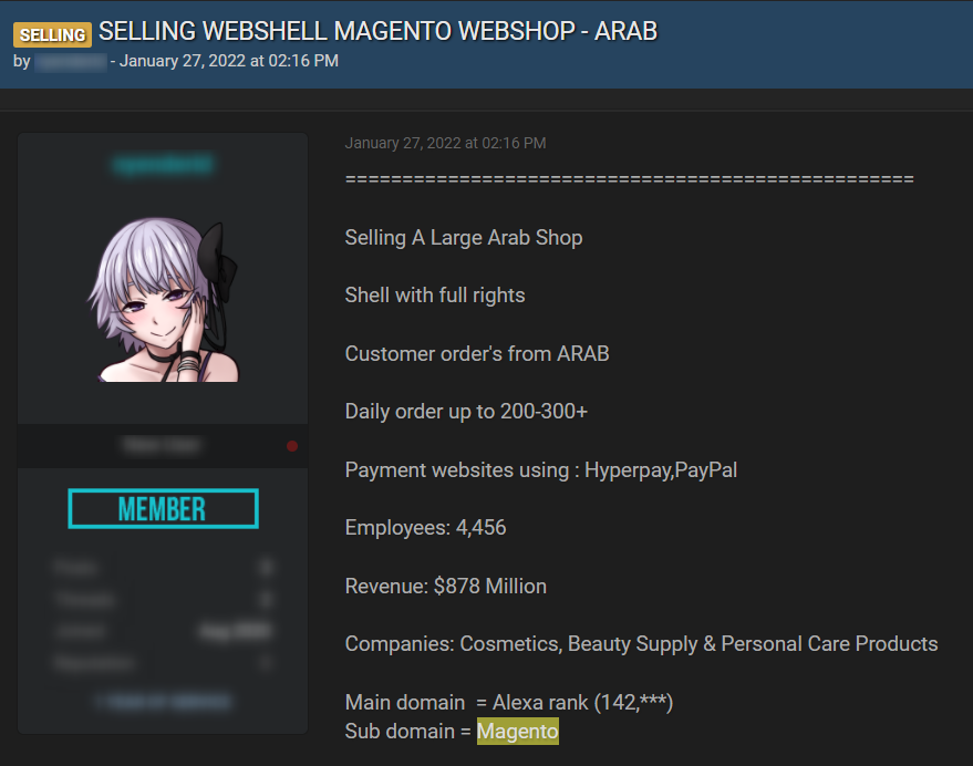 A post by a threat actor who was selling webshell to Magento’s platform on the popular hacking forum Raidforums