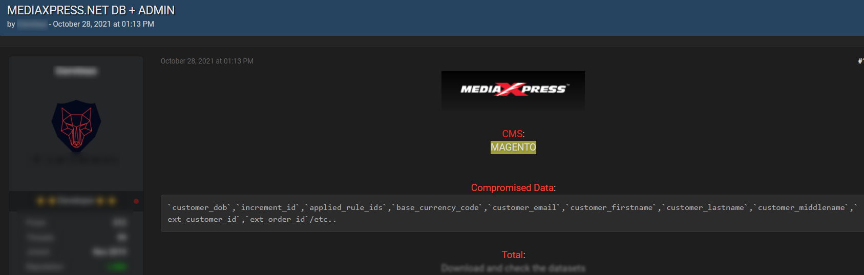 A post listing customer emails, names and user ID retrieved from mediaxpress.net, one of the hundreds of domains that were breached