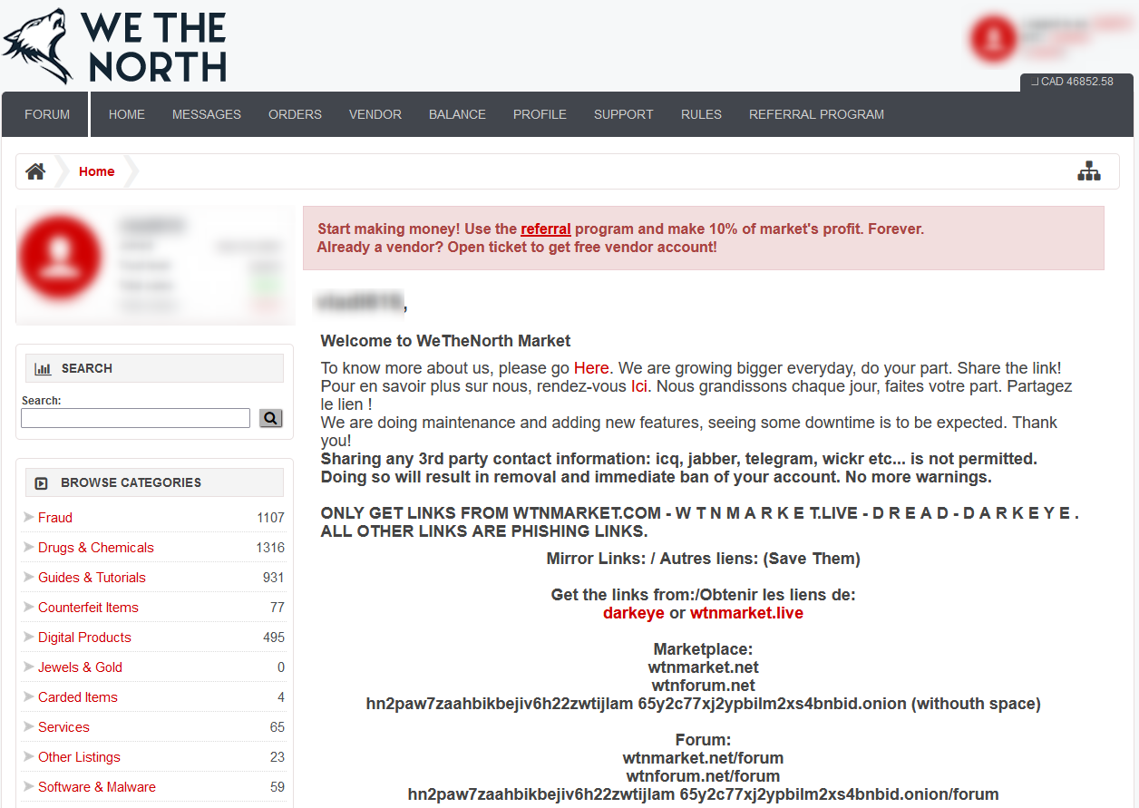 The page of WeTheNorth dark web marketplace