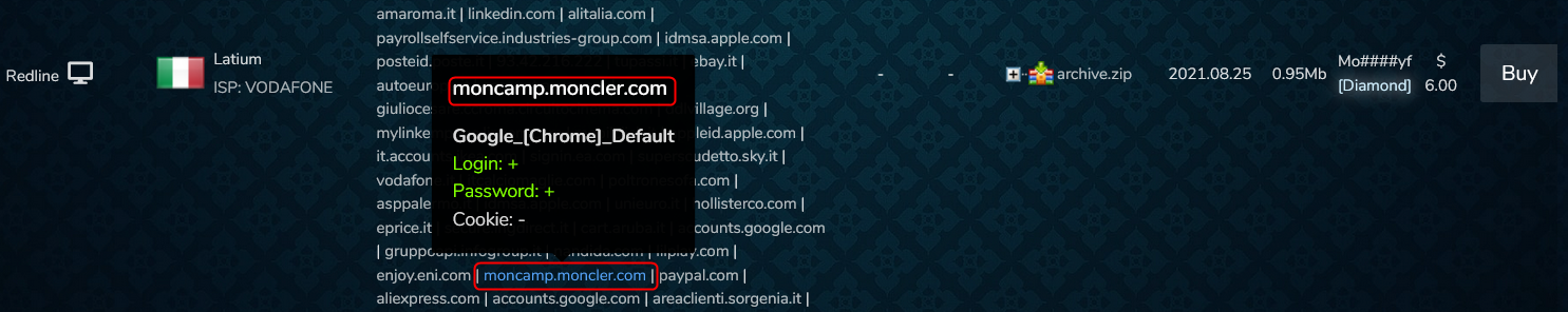 A log of an Italian user that has been sold on Russian Market