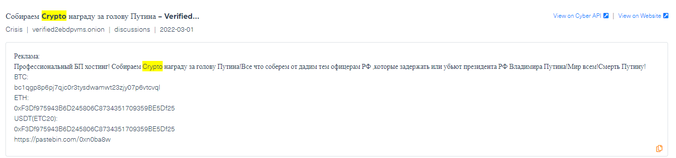 Translation: Professional BP Hosting! We are collecting a Crypto bounty for Putin's head! All that we collect from we will give to those officers of the Russian Federation who will detain or kill Russian President Vladimir Putin! Peace to all! D**th to Putin!