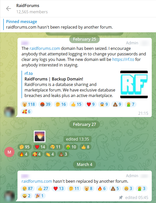 Raidforum’s admin announced the forum was seized on their official group on Telegram 