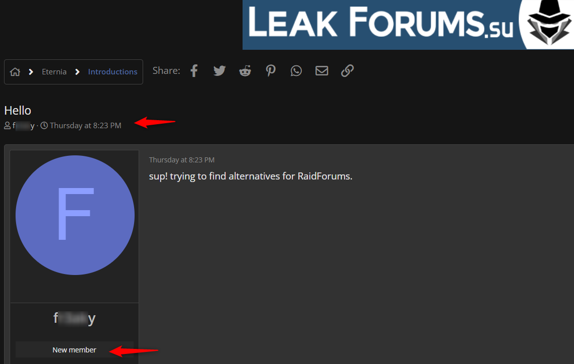 A Raidforums actor seeking for alternative forums on Eternia hacking forum, dated March 3