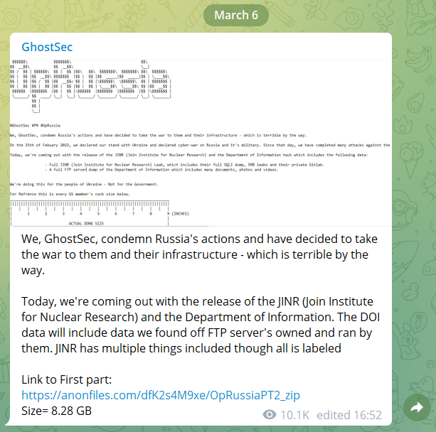 Hacktivist group GhostSec side with Ukraine and declare war on Russia in a Telegram message