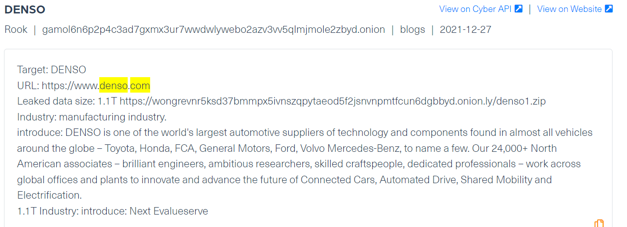 A post published by Rook ransomware group on TOR following their attack on Denso, the image is taken from Webz.io Cyber API