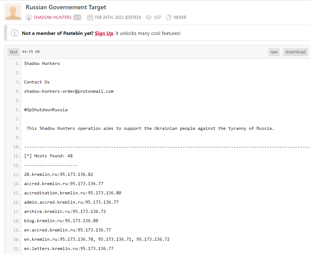 A paste written by the pro-Ukrainian group Shadow Hunters, leaking hundreds of Russian domains with their associated IPs addresses.