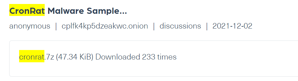 A threat actor posting a CronRat malware sample ready for download