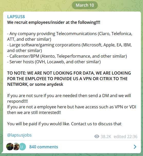 A "job ad" posted by ransomware group Lapsus$ on their Telegram channel