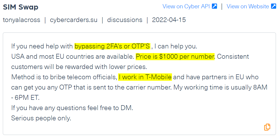 A post published on a carding forum, where a T-Mobile’s employee is offering his service for bypassing 2FA and OTP for sale. The screenshot was taken from Webz.io's Cyber API