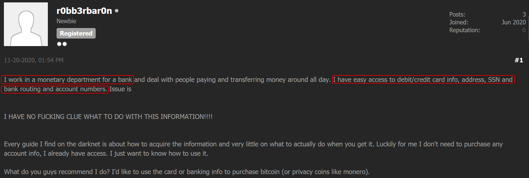 A post published on a dark web carding forum, CryptBB, where an insider working for a bank says he is planning to abuse his access to sensitive information