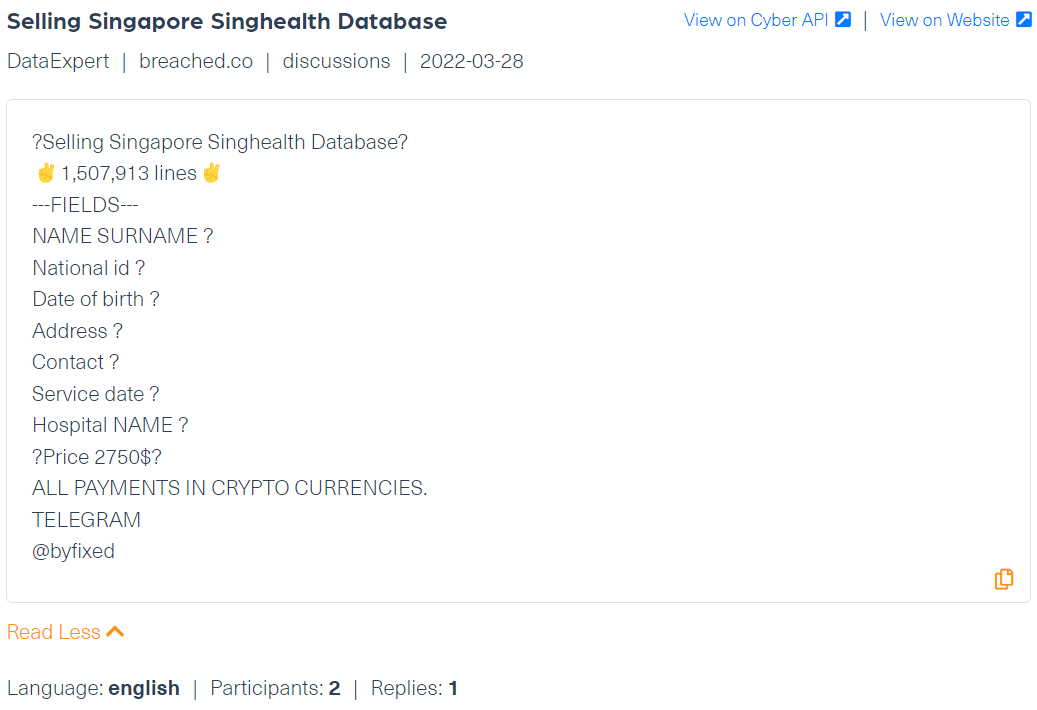 A post published on Breached.co where a threat actor is selling the Singapore Health Service database with sensitive data belonging to 1.5M of their patients