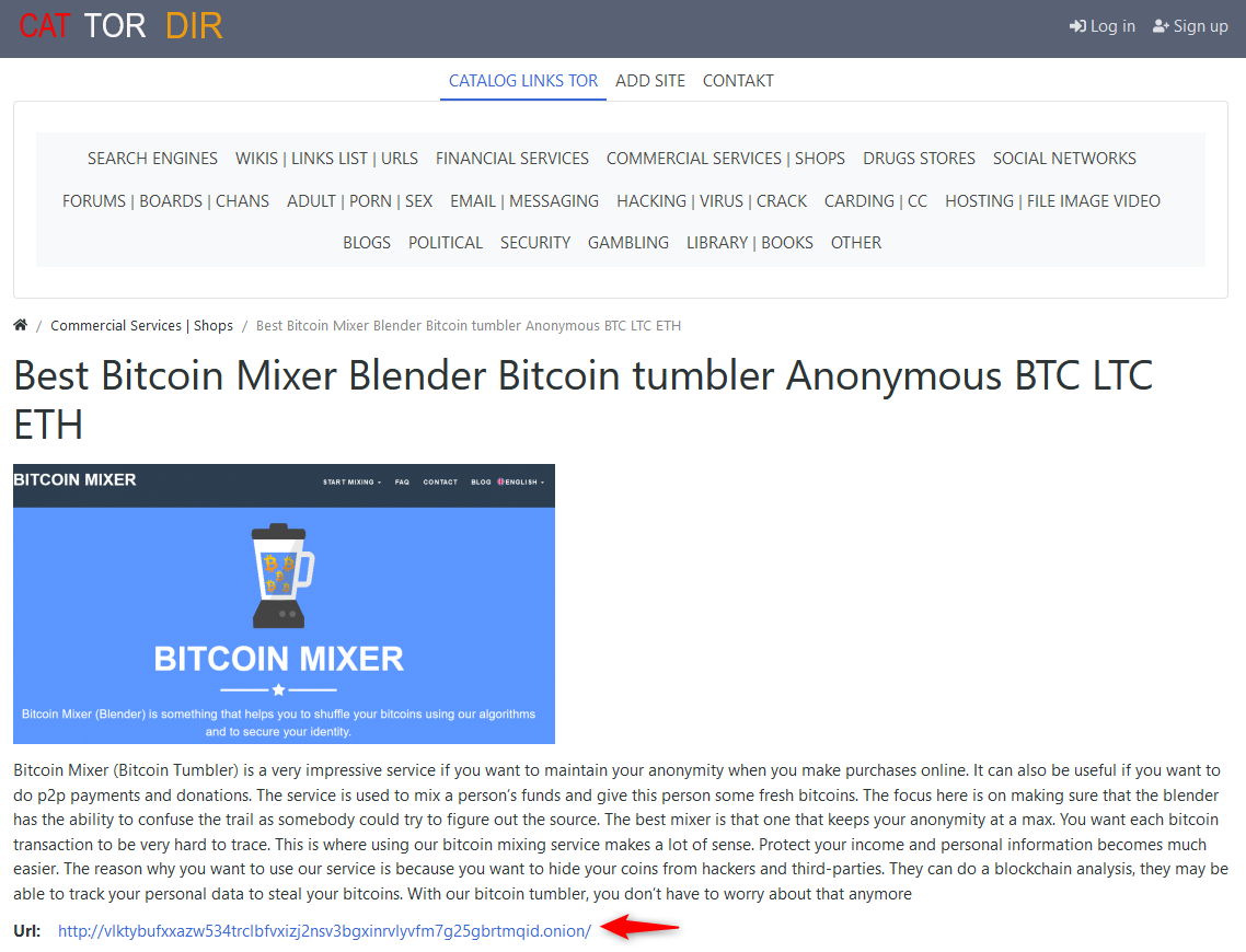 The main page of a dark web marketplace that advertising the Bitcoin mixer