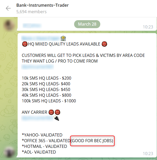 Account Compromise - found on hacking forums, marketplaces, and Telegram groups/channels
A Telegram actor offering PII for sale for commiting BEC scams