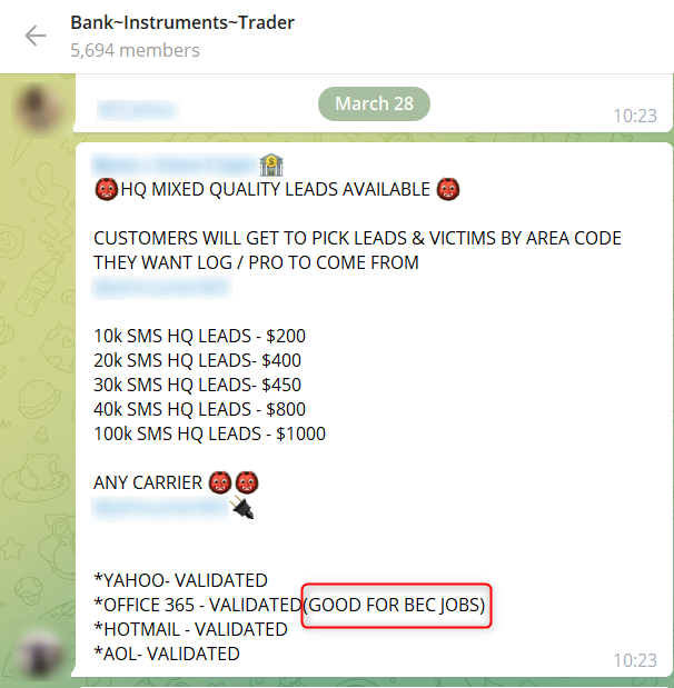 Account Compromise - found on hacking forums, marketplaces, and Telegram groups/channels
A Telegram actor offering PII for sale for commiting BEC scams
