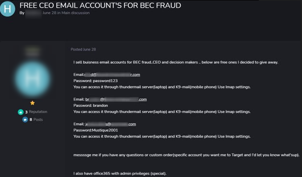 A threat actor selling CEO accounts for BEC fraud on carder.tv