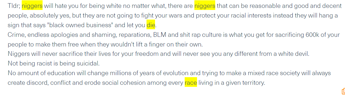 An extremist is saying that being racist is the only way to survive, the screenshot is taken from Webz.io’s Cyber API