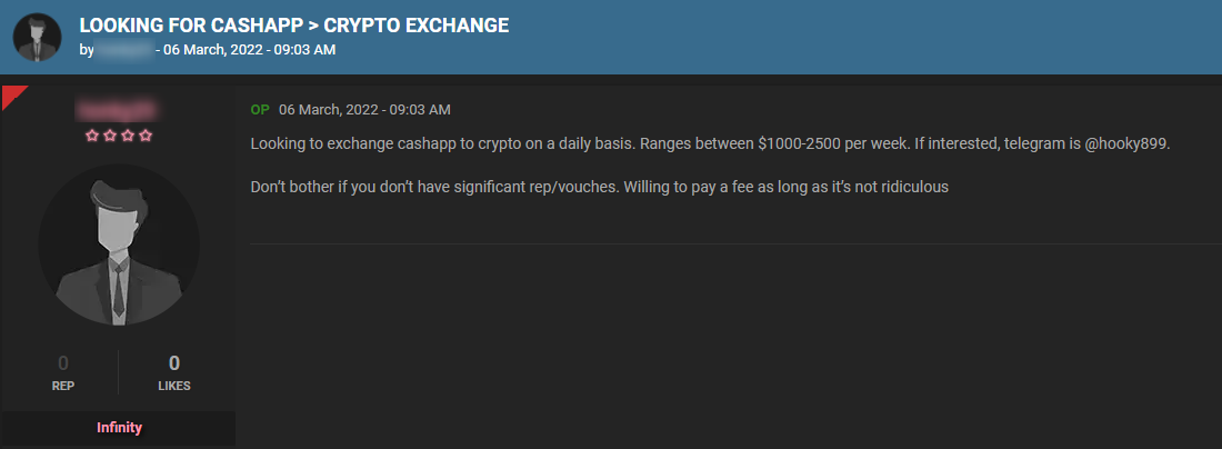 A dark web user looking for crypto services on hacking forum cracked.io