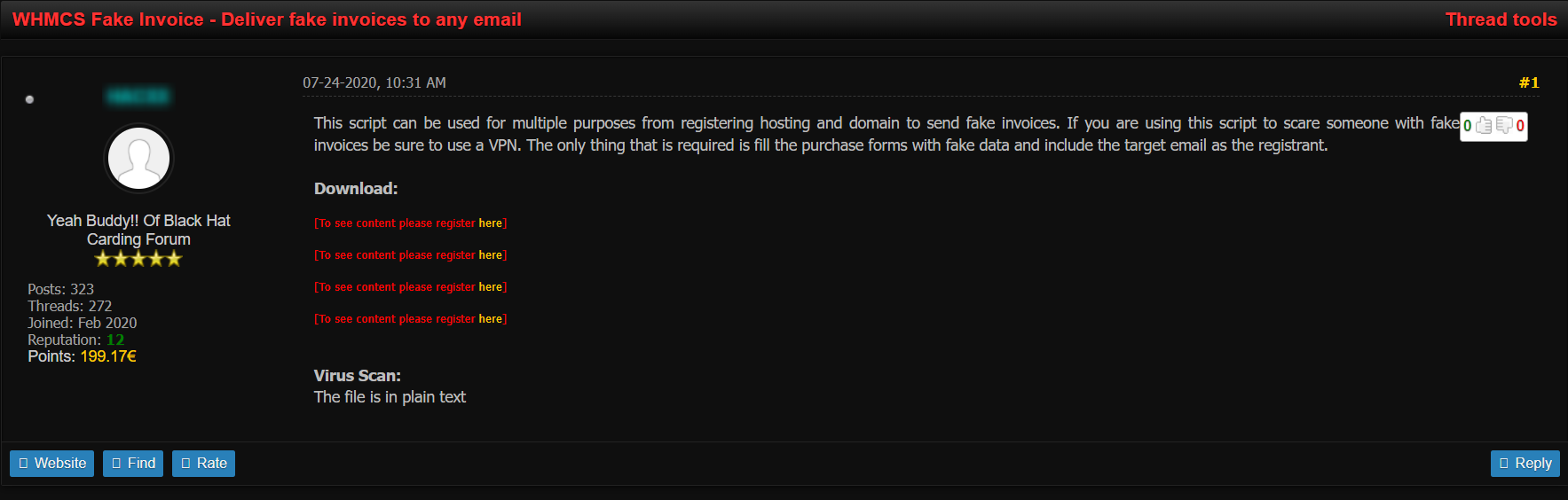A threat actor posting a Fake Invoice script for multiple uses on dark web hacking forum Blackhat Carding