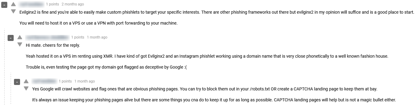 In this screenshot you can see a thread of a discussion between threat actors over the Evilginx2 social engineering method on the dark web hacking forum Dread.
