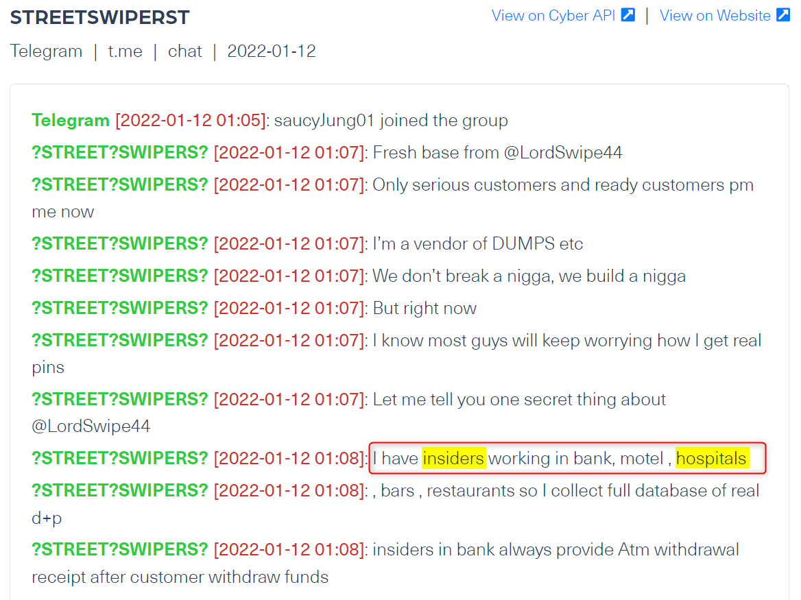 A chat discussion on a Telegram group, StreetSwiperst, where the admin offers malicious services by insiders at various places including hospitals. The screenshot was taken from Webz.io’s Cyber API