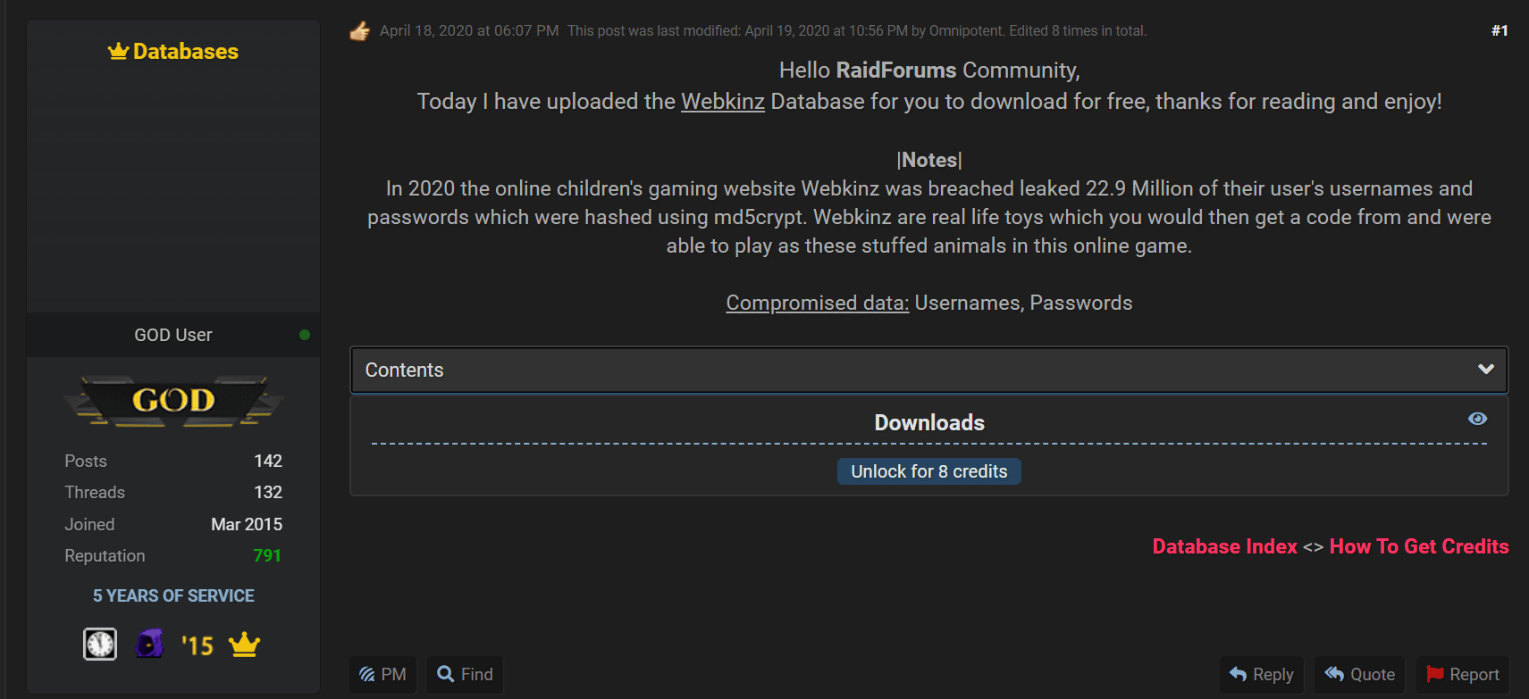 First post of Webkinz leak on RaidForums