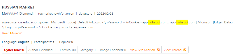 Hubspot logins are offered for sale on dark web marketplace Russian market three weeks before the breach