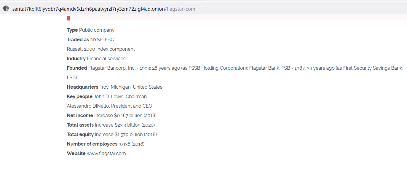A screenshot from Cl0p's blog on the first attack on Flagstar bank
