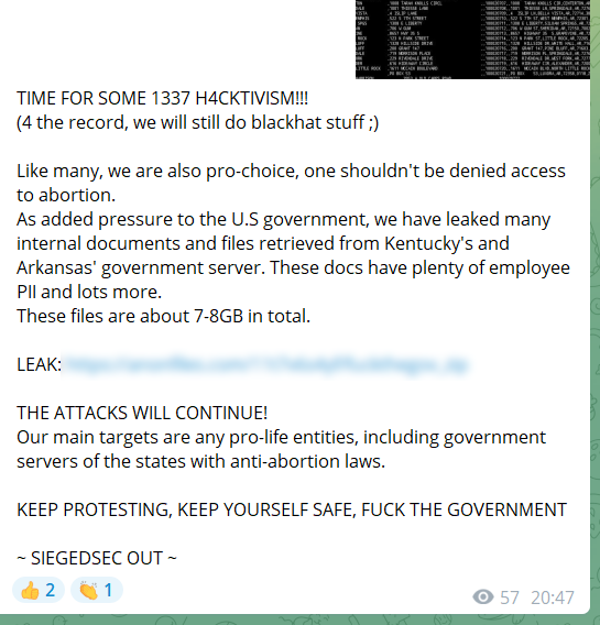 The announcement the group made on the attack on their Telegram account 