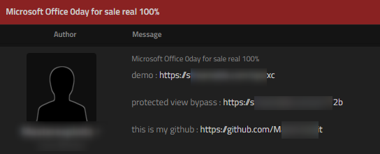 A hacker posting a Zero day malware for Microsoft Office on the hacking forum sinister.ly