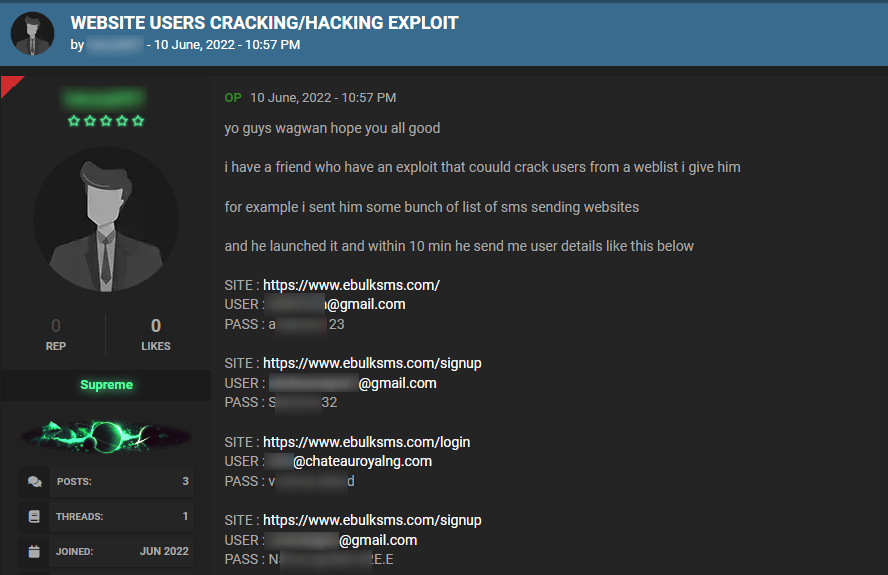 A a cracked.io user posted leaked profiles from different platforms that were cracked, including ebulksms.com