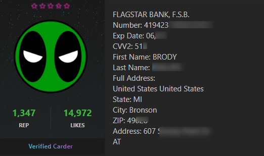 Flagstar leaked credit card on a deep web carding forum