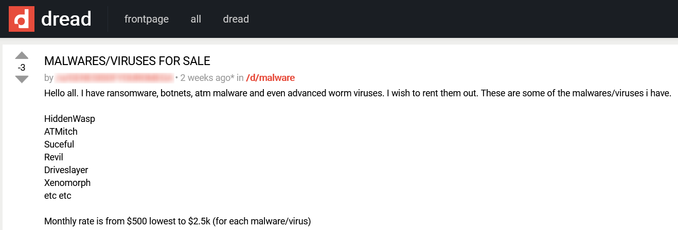 A threat actor offers malwares for sale on dark web hacking forum Dread.