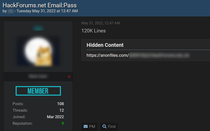 A post by a BreachedForums member who shares a leak containing 120K email addresses and passwords of HackForums users