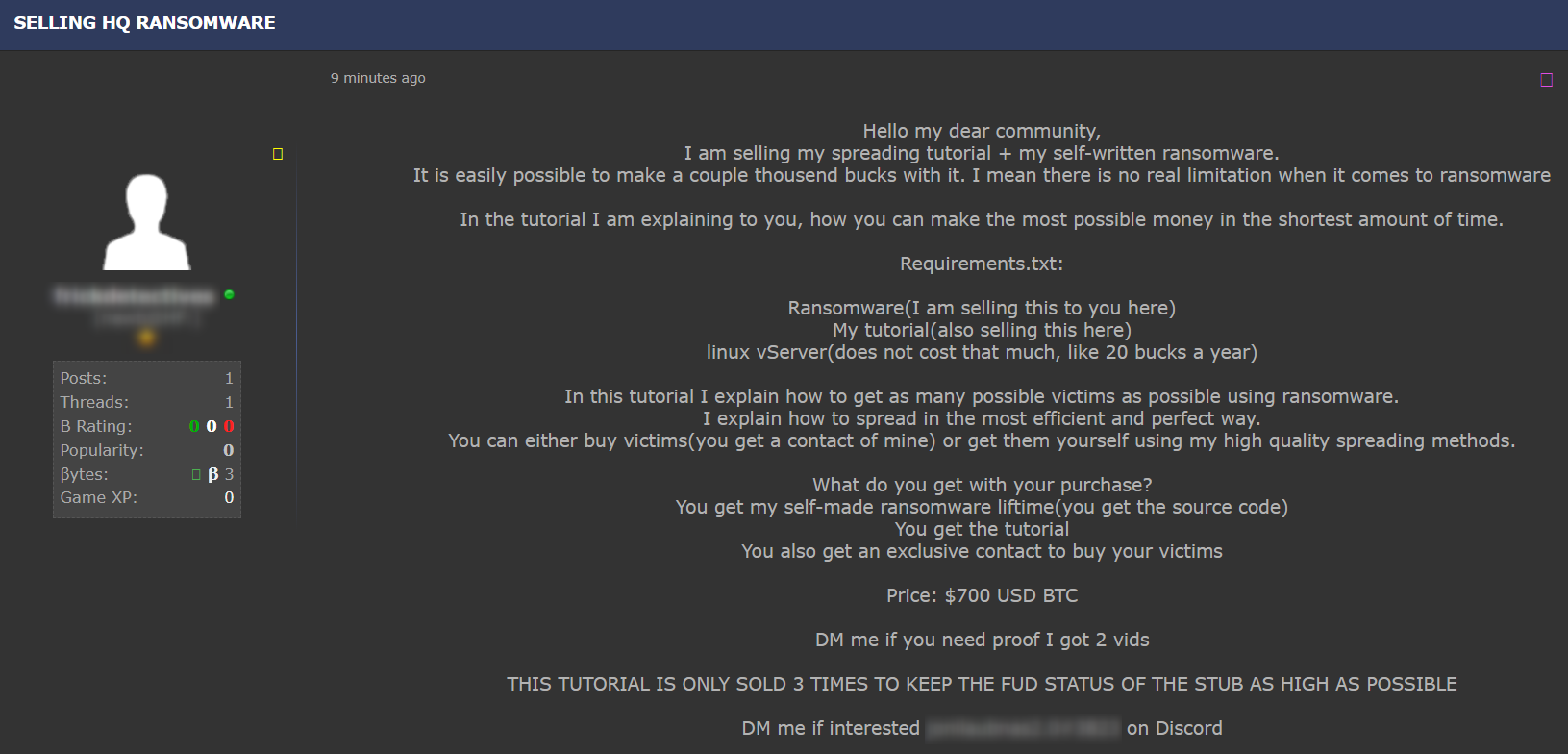 A cybercriminal offering ransomware for sale along with ransomware tutorial on Hackforums.