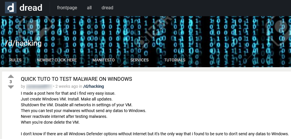 A tutorial that was posted on Dread shows how to test a malware on Microsoft Windows