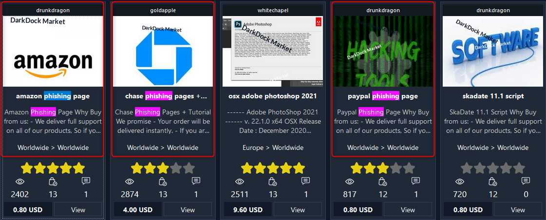 Phishing pages and services offered for sale on different dark web marketplaces such as DrunkDragon and GoldApple.