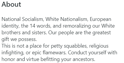 A screenshot of the description of the White Nations group on the site