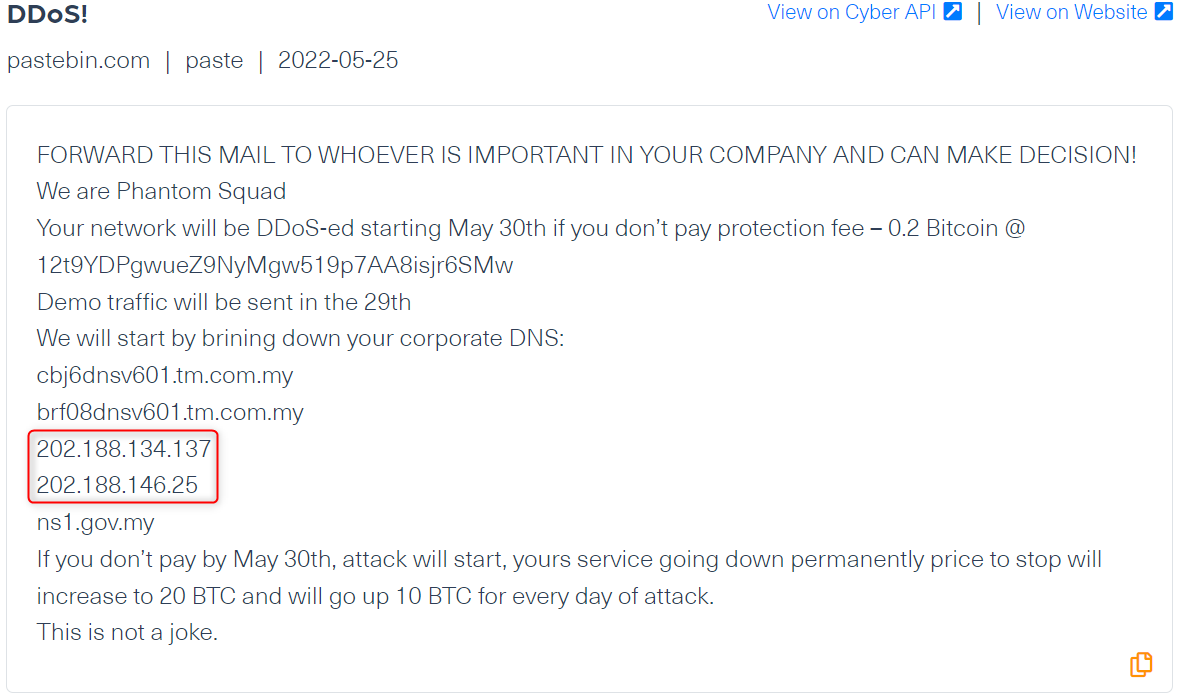 A ransom note allegedly written by the known hackers group, Phantom Squad. In the note, the cybercriminals provided IDs of the DNS belonging to the targeted victim, as part of a threat to DDoS his network
