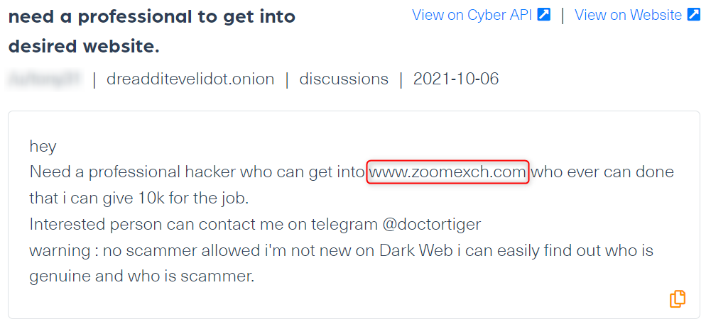 A post published on dark web hacking forum Dread by a threat actor who is looking to hire a hacker to gain access to a website