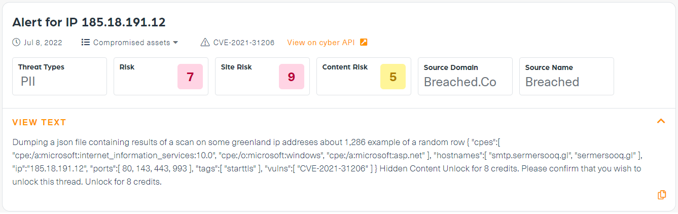 A screenshot of an IP alert from Webz.io’s Dark Risk Interface